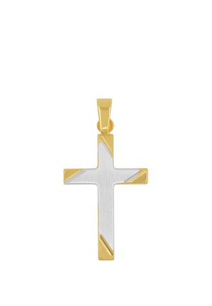 Pendentif croix bicolore or et argent avec des accents dorés géométriques sur une surface argentée brossée et un anneau doré.