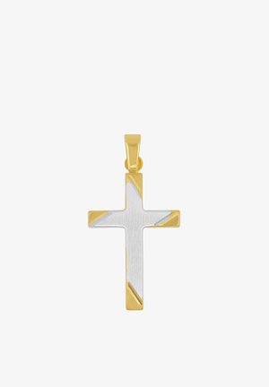 Gold- und silberfarbener zweifarbiger Kreuzanhänger mit geometrischen goldenen Akzenten auf einer gebürsteten Silberoberfläche und einer goldenen Öse.