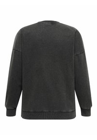 Tamsiai pilkas džemperis su laisvu siluetu, ilgomis rankovėmis, pūtimais rankogaliais ir apatine dalimi, be jokių raštų ar logotipų.