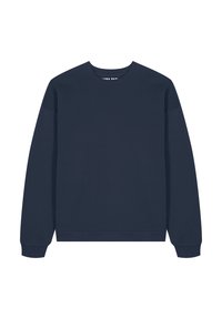 Felpa blu navy realizzata in tessuto liscio, con scollo rotondo, maniche lunghe e polsini e fondo a costine. Design semplice senza motivi.