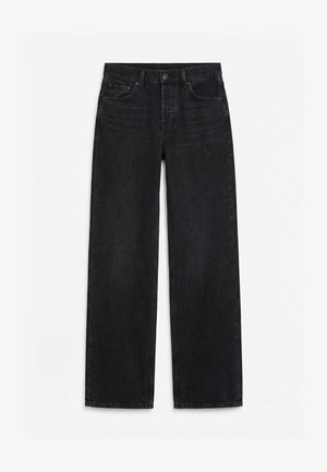 Schwarze, hochtaillierte Jeans mit gerade geschnittenen Beinen, vorderen Taschen, Gürtelschlaufen und einem Knopfverschluss.