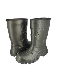 Donkere grijze rubberen kniehoge laarzen met een gestructureerde afwerking, gebogen designelementen en een robuust profielzool voor grip. Voorzien van een binnenvoering voor comfort.