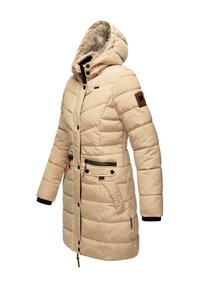 Beige puffer jacket with quilted design, hood, faux fur lining, two zippered side pockets, and black trim on cuffs and zipper details.