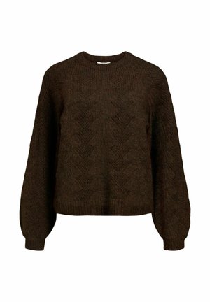 Pull en tricot marron avec de longues manches volumineuses, un col rond et un motif texturé. Présente un ourlet et des poignets côtelés.