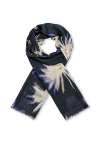 Kolorowy szalik w odcieniach niebieskiego, kremowego i czarnego z kwiatowym wzorem, wykonany z miękkiego materiału z postrzępionymi brzegami.