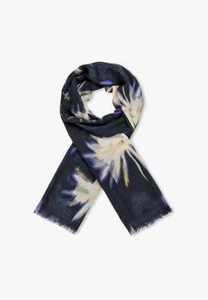 Kolorowy szalik w odcieniach niebieskiego, kremowego i czarnego z kwiatowym wzorem, wykonany z miękkiego materiału z postrzępionymi brzegami.