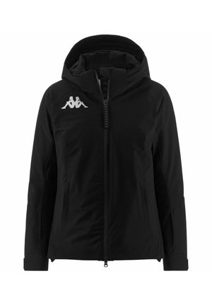 Giacca nera con zip frontale, cappuccio e logo Kappa sul lato sinistro del petto. Realizzata in un materiale liscio e leggero con maniche lunghe.