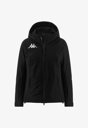 Giacca nera con zip frontale, cappuccio e logo Kappa sul lato sinistro del petto. Realizzata in un materiale liscio e leggero con maniche lunghe.