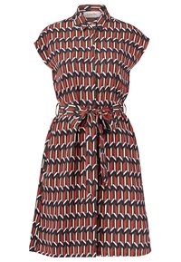 Robe à manches courtes avec boutons, présentant un motif géométrique coloré en rouge, bleu et blanc sur un fond sombre, avec une taille nouée.