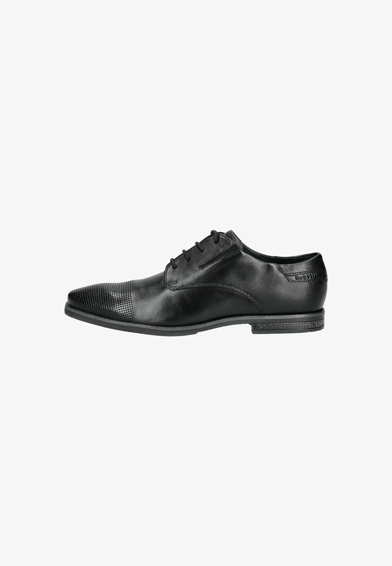 Czarne skórzane buty eleganckie z okrągłym noskiem, z teksturowanym panelem z siateczki z przodu, pięcioma oczkami na sznurówki i płaską podeszwą.