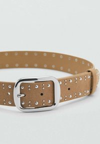 Tan suede belt with silver studs, featuring a rectangular metal buckle. The belt is smooth in texture, with evenly spaced decorative details.