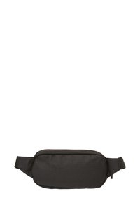 Riñonera de tela negra con forma rectangular, cierre con cremallera, correa ajustable y una superficie lisa y texturizada. Diseño minimalista.