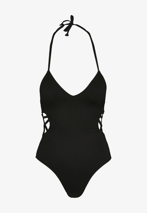 Črn rebrast enodelni kopalni kostim z globokim V-izrezom, halterskimi naramnicami in stranskimi izrezi s križanjem. Gladko teksturo.