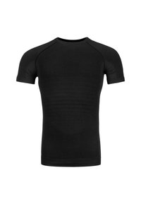 Black short-sleeve t-shirt made of fitted, textured fabric. Features a round neckline and seamless construction for comfort and flexibility.
