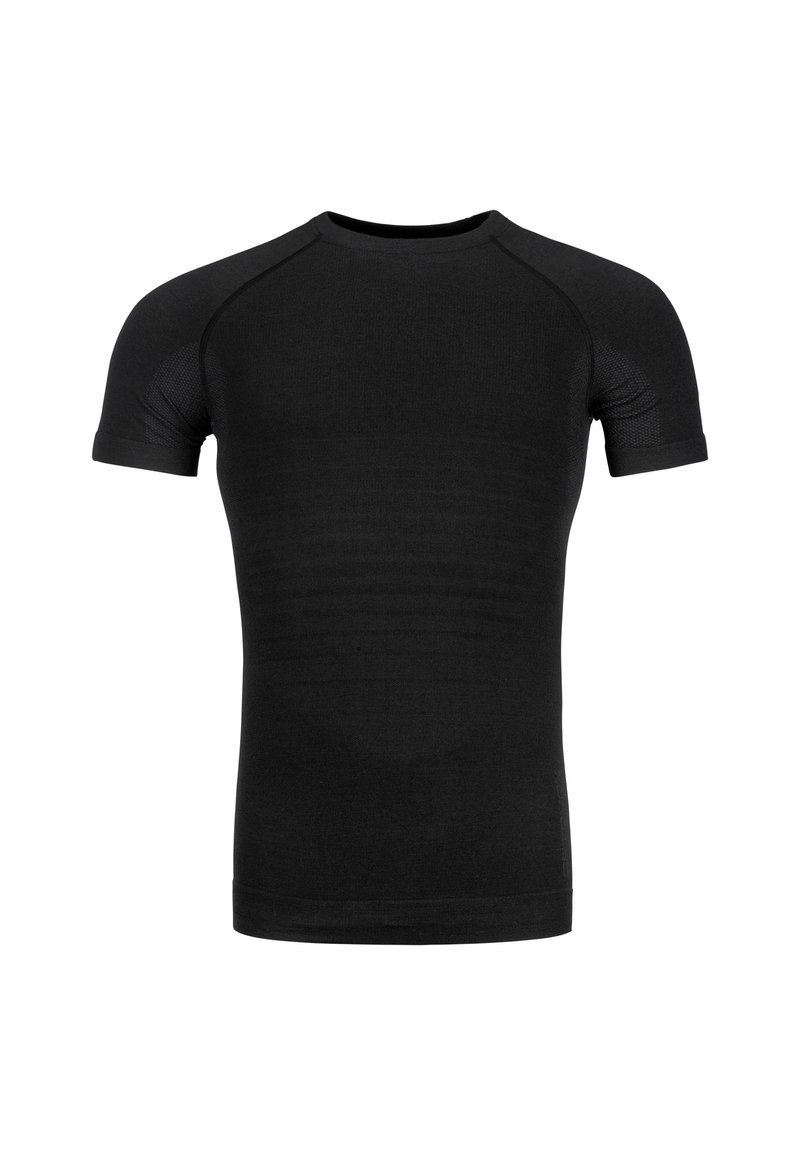 Black short-sleeve t-shirt made of fitted, textured fabric. Features a round neckline and seamless construction for comfort and flexibility.
