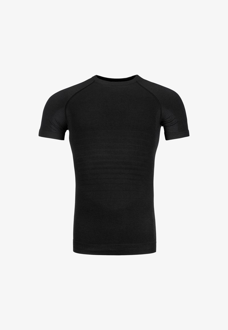Black short-sleeve t-shirt made of fitted, textured fabric. Features a round neckline and seamless construction for comfort and flexibility.