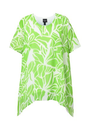 Lyhythihainen löysä pusero, jossa vihreä- ja valkoinen abstrakti lehtikuvio ja pyöreä pääntie, epäsymmetrinen helma.