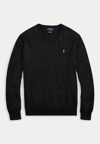 Schwarzer Langarm-V-Ausschnitt-Pullover mit kleinem weißem Polo Ralph Lauren Pferde-Logo auf der linken Brust und gerippten Bündchen und Saum.