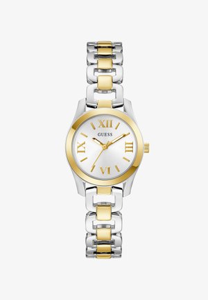 Reloj de pulsera Guess bicolor en plateado y dorado con marcadores de números romanos y pulsera de eslabones.
