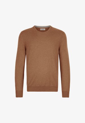 Brązowy sweter dziany z okrągłym dekoltem, długimi rękawami, wykonany z miękkiego materiału, z prążkowanymi mankietami i obrębem, o minimalistycznym wzornictwie bez wzorów.