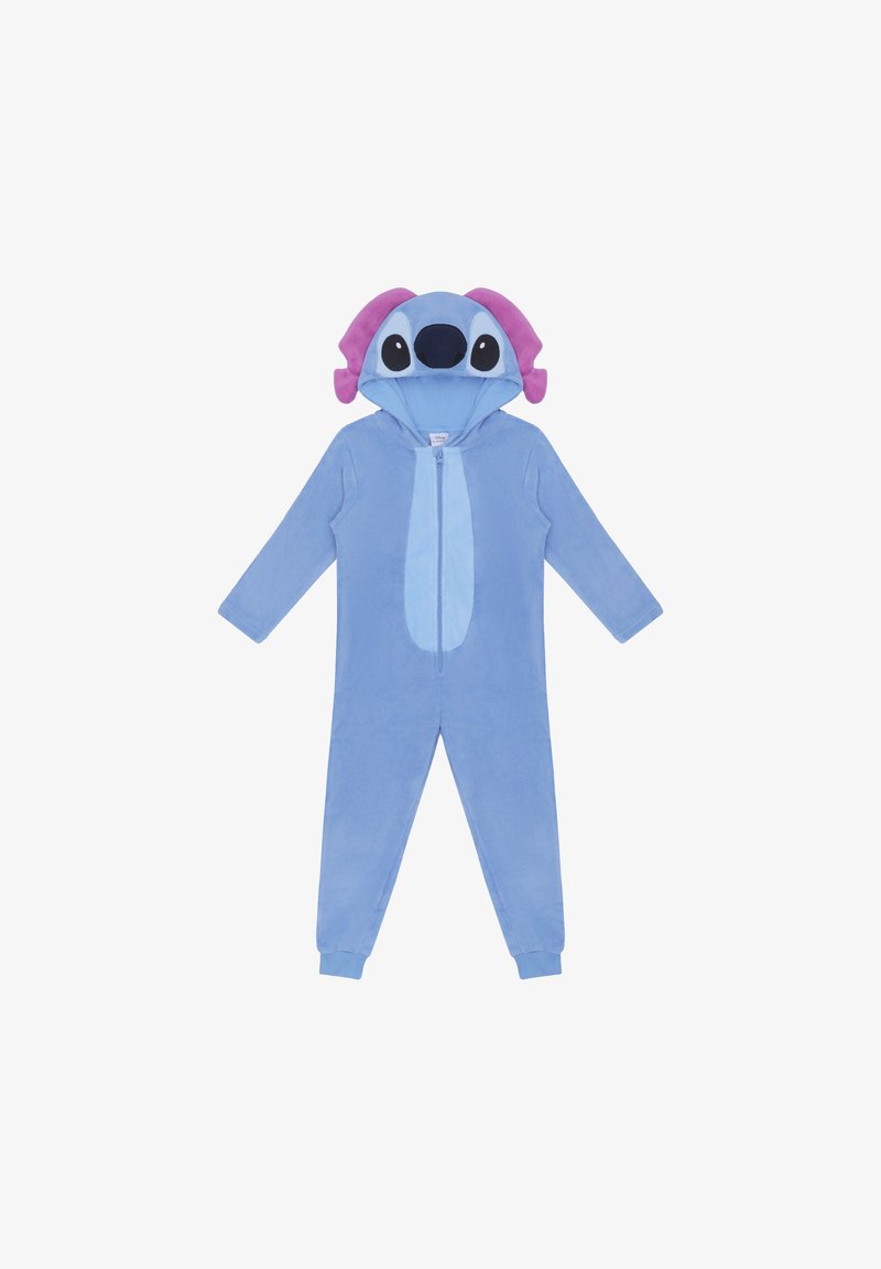 Blue fleece onesie with a zipper front, featuring a hood with pink ears, large eyes, and a round nose, mimicking a cartoon character design.