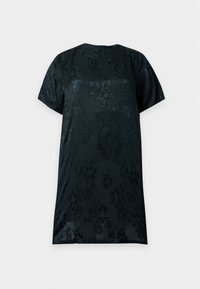 Robe courte noire avec manches courtes et motif floral subtil, coupe droite, présentée sur un fond clair uni.