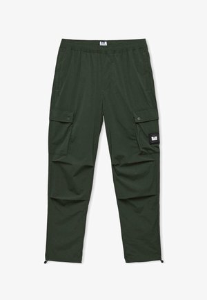 Dark green cargo pants with elastic waistband, snap-button side pockets, front pockets, and a black rectangular brand patch on the right pocket.