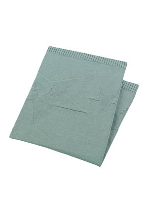 Folded light blue knitted scarf with textured star patterns and ribbed edges on a white background.