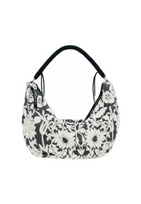Schwarze und weiße, floral bestickte Tasche mit einer geschwungenen Form, strukturiertem Stoff und einem geflochtenen Griff. Mit einem Reißverschluss auf einer Seite.