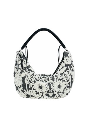 Schwarze und weiße, floral bestickte Tasche mit einer geschwungenen Form, strukturiertem Stoff und einem geflochtenen Griff. Mit einem Reißverschluss auf einer Seite.