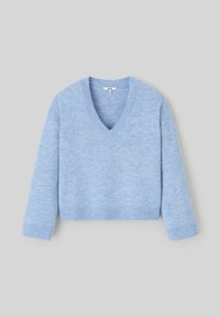 Pull en V cropped bleu clair en tricot doux. Il est doté de manches longues et de poignets et d'un ourlet côtelés. Détail de surface texturé.