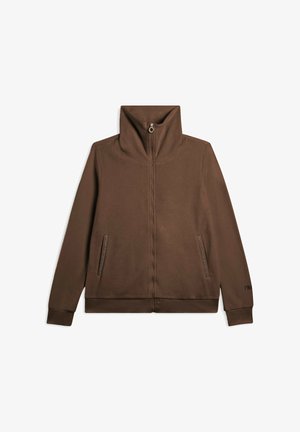 Giacca marrone con zip e colletto alto, due tasche frontali con zip, polsini e orlo a costine, realizzata in tessuto morbido e testurizzato.