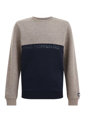 Sweatshirt med rund hals med beige øverste del og ærmer, navyblå nederste sektion og teksten "MOVING FORWARD" hen over brystet.