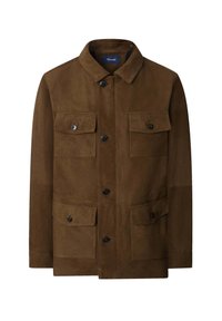 Braune Wildlederjacke mit Kragen, vorderem Knopfverschluss, zwei Brusttaschen mit Klappen und einer glatten, strukturierten Oberfläche.