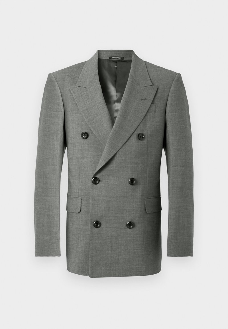 Double-breasted grey blazer in textured fabric with broad peaked lapels, black buttons, and two front pockets. Inner lining visible.