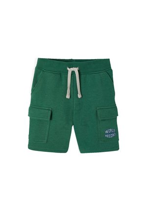 Green toddler shorts with drawstring waist, side cargo pockets, and "World Athletics Record" text on the right pocket.