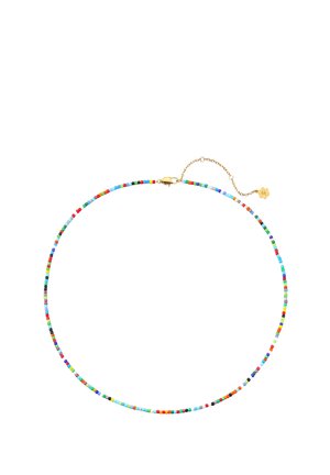 Dünne Halskette aus kleinen mehrfarbigen Perlen mit einem goldenen Karabinerverschluss und einer verstellbaren Kette, die in einem kleinen goldenen Anhänger endet.
