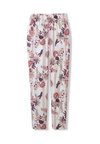 Joggingbroeken met bloemenpatroon, voorzien van een elastische tailleband en een trekkoord. Kleuren zijn roze, paars en beige op een witte achtergrond.