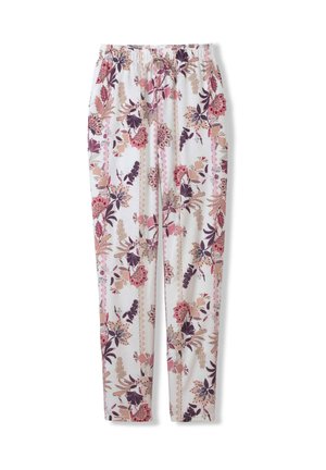 Joggingbroeken met bloemenpatroon, voorzien van een elastische tailleband en een trekkoord. Kleuren zijn roze, paars en beige op een witte achtergrond.