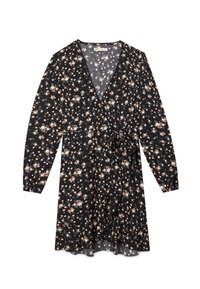 Blumenkleid im Wickelstil aus schwarzem Stoff mit langen Ärmeln. Es hat einen V-Ausschnitt, eine gebundene Taille und einen gesmokten Saum; das Muster besteht aus kleinen rosa und weißen Blumen.