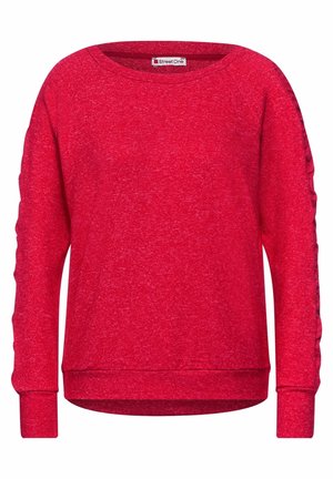 Czerwony sweter z długim rękawem i okrągłym dekoltem, z prążkowanymi mankietami i dolnym brzegiem, charakteryzujący się subtelną fakturą i lekko zaokrąglonym dolnym krawędziem.