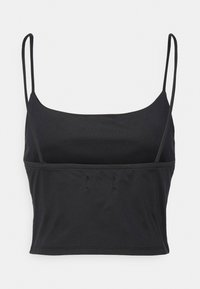 Camisola cropped preta com alças finas ajustáveis, uma textura suave e um design simples e ajustado. Sem padrões ou detalhes de hardware.