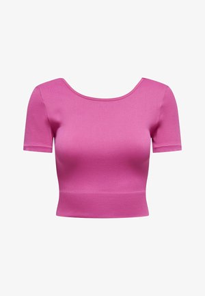 Camiseta ajustada de manga corta en tejido de canalé de color rosa brillante. Cuello redondeado y diseño cropped con una textura suave. Bordes del dobladillo reforzados.