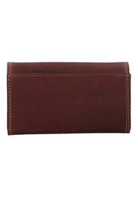 Portefeuille en cuir marron avec une texture lisse, doté de surpiqûres contrastées en beige. Forme rectangulaire avec un design plié et sans matériel visible.