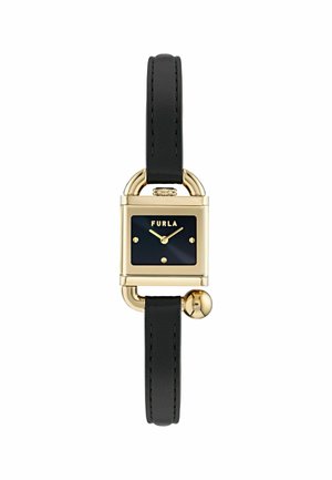 Orologio con cinturino in pelle nera, cassa quadrata dorata, quadrante nero, lancette dorate e logo "FURLA" sul quadrante, caratterizzato da un unico dettaglio a sfera dorata.