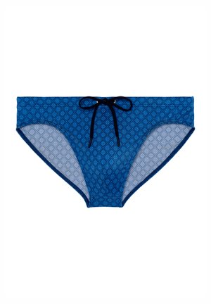 Blaue gemusterte Bikiniunterteile mit geometrischem Design, ausgestattet mit einem tonalen blauen Zugband und kontrastierenden Verzierungen entlang der Kanten.