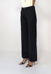 Femeie îmbrăcată în pantaloni negri cu picioare largi și pantofi cu toc deschis pe degete, pe un fundal deschis uniform.