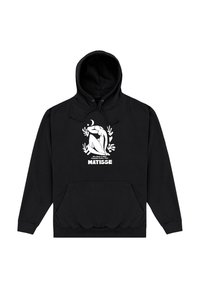 Felpa nera con cappuccio e tasca frontale, caratterizzata da una grafica bianca di una figura stilizzata circondata da foglie e la scritta "MATISSE."