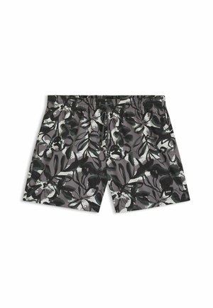 Schwarz-weiße Blumenshorts mit einem grauen Hintergrund. Sie verfügen über einen elastischen Bund und ein kleines Logo-Tag am Saum.