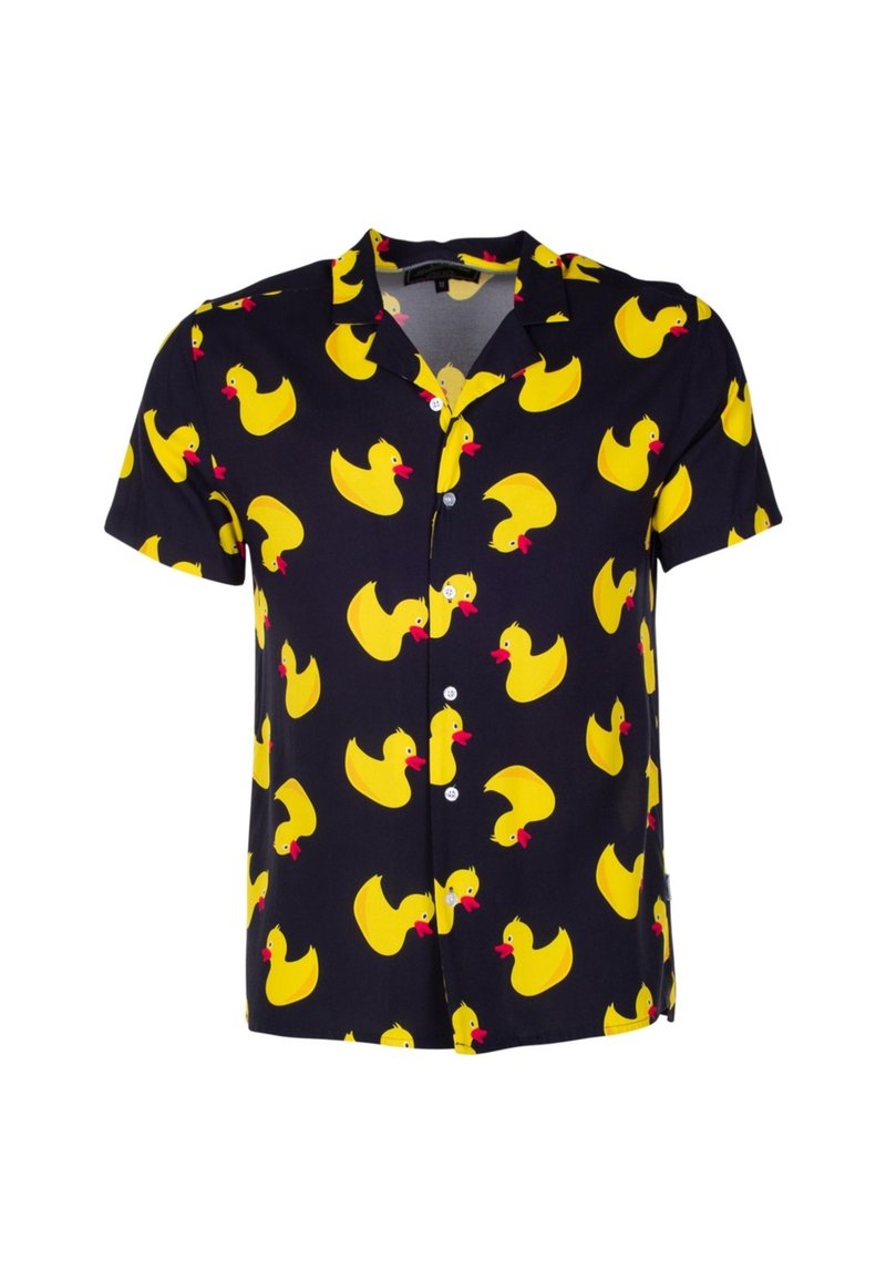 Short-sleeve shirt featuring a navy blue background with repeated yellow rubber duck patterns and red accents, made from lightweight fabric.